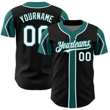 Загрузить изображение в средство просмотра галереи, Custom Black White-Teal 3 Colors Arm Shapes Authentic Baseball Jersey