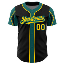 Charger l'image dans la galerie, Custom Black Yellow-Teal 3 Colors Arm Shapes Authentic Baseball Jersey