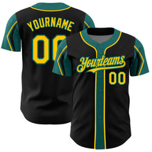 Charger l'image dans la galerie, Custom Black Yellow-Teal 3 Colors Arm Shapes Authentic Baseball Jersey