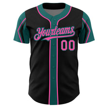 Load image into Gallery viewer, Custom Black Pink-Teal 3 Colors Arm Shapes Authentic Baseball Jersey