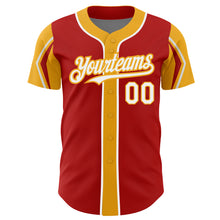 Charger l'image dans la galerie, Custom Red White-Gold 3 Colors Arm Shapes Authentic Baseball Jersey