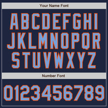Charger l'image dans la galerie, Custom Navy Powder Blue-Orange 3 Colors Arm Shapes Authentic Baseball Jersey