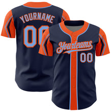 Charger l'image dans la galerie, Custom Navy Powder Blue-Orange 3 Colors Arm Shapes Authentic Baseball Jersey