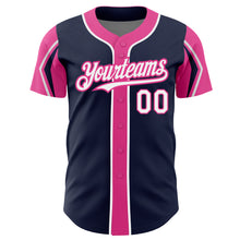 Charger l'image dans la galerie, Custom Navy White-Pink 3 Colors Arm Shapes Authentic Baseball Jersey