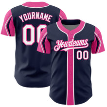 Charger l'image dans la galerie, Custom Navy White-Pink 3 Colors Arm Shapes Authentic Baseball Jersey