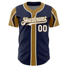 Загрузить изображение в средство просмотра галереи, Custom Navy White-Old Gold 3 Colors Arm Shapes Authentic Baseball Jersey