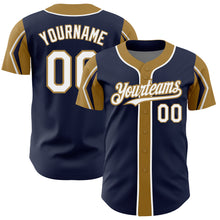 Загрузить изображение в средство просмотра галереи, Custom Navy White-Old Gold 3 Colors Arm Shapes Authentic Baseball Jersey