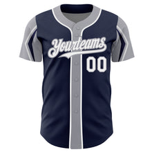 Загрузить изображение в средство просмотра галереи, Custom Navy White-Gray 3 Colors Arm Shapes Authentic Baseball Jersey