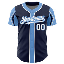 Загрузить изображение в средство просмотра галереи, Custom Navy White-Light Blue 3 Colors Arm Shapes Authentic Baseball Jersey