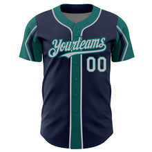 Charger l'image dans la galerie, Custom Navy Gray-Teal 3 Colors Arm Shapes Authentic Baseball Jersey