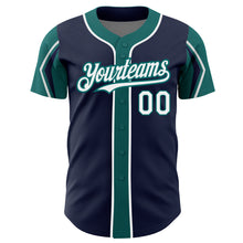 Charger l'image dans la galerie, Custom Navy White-Teal 3 Colors Arm Shapes Authentic Baseball Jersey