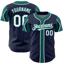 Charger l'image dans la galerie, Custom Navy White-Teal 3 Colors Arm Shapes Authentic Baseball Jersey