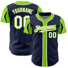Загрузить изображение в средство просмотра галереи, Custom Navy White-Neon Green 3 Colors Arm Shapes Authentic Baseball Jersey