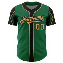 Load image into Gallery viewer, Custom Kelly Green Old Gold-Black 3 Colors Arm Shapes Authentic Baseball Jersey