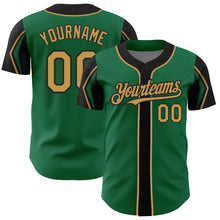 Load image into Gallery viewer, Custom Kelly Green Old Gold-Black 3 Colors Arm Shapes Authentic Baseball Jersey