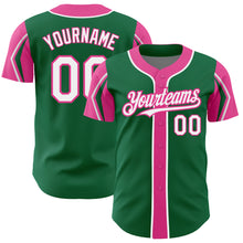 Load image into Gallery viewer, Custom Kelly Green White-Pink 3 Colors Arm Shapes Authentic Baseball Jersey