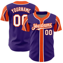 Load image into Gallery viewer, Custom Purple White-Orange 3 Colors Arm Shapes Authentic Baseball Jersey