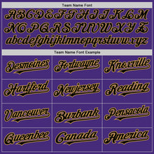 Load image into Gallery viewer, Custom Purple Black-Old Gold 3 Colors Arm Shapes Authentic Baseball Jersey