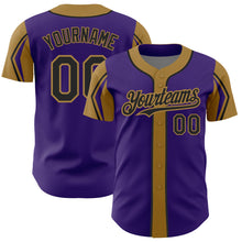Load image into Gallery viewer, Custom Purple Black-Old Gold 3 Colors Arm Shapes Authentic Baseball Jersey