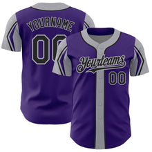 Load image into Gallery viewer, Custom Purple Black-Gray 3 Colors Arm Shapes Authentic Baseball Jersey
