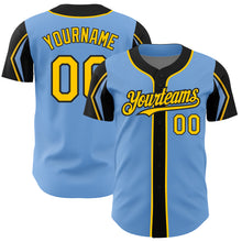 Load image into Gallery viewer, Custom Light Blue Yellow-Black 3 Colors Arm Shapes Authentic Baseball Jersey