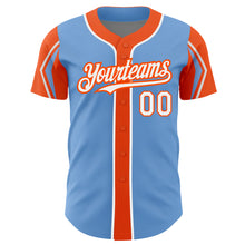 Load image into Gallery viewer, Custom Light Blue White-Orange 3 Colors Arm Shapes Authentic Baseball Jersey
