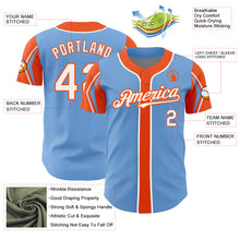 Load image into Gallery viewer, Custom Light Blue White-Orange 3 Colors Arm Shapes Authentic Baseball Jersey