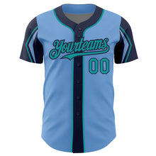 Charger l'image dans la galerie, Custom Light Blue Teal-Navy 3 Colors Arm Shapes Authentic Baseball Jersey