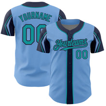 Charger l'image dans la galerie, Custom Light Blue Teal-Navy 3 Colors Arm Shapes Authentic Baseball Jersey