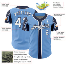 Charger l'image dans la galerie, Custom Light Blue White-Navy 3 Colors Arm Shapes Authentic Baseball Jersey
