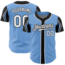Load image into Gallery viewer, Custom Light Blue White-Black 3 Colors Arm Shapes Authentic Baseball Jersey