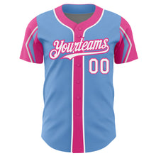 Load image into Gallery viewer, Custom Light Blue White-Pink 3 Colors Arm Shapes Authentic Baseball Jersey