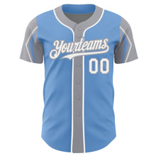 Загрузить изображение в средство просмотра галереи, Custom Light Blue White-Gray 3 Colors Arm Shapes Authentic Baseball Jersey