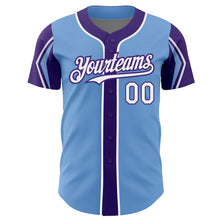 Загрузить изображение в средство просмотра галереи, Custom Light Blue White-Purple 3 Colors Arm Shapes Authentic Baseball Jersey
