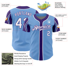 Загрузить изображение в средство просмотра галереи, Custom Light Blue White-Purple 3 Colors Arm Shapes Authentic Baseball Jersey