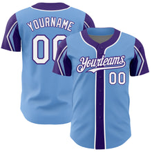 Загрузить изображение в средство просмотра галереи, Custom Light Blue White-Purple 3 Colors Arm Shapes Authentic Baseball Jersey