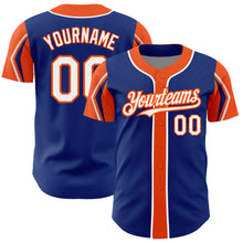 Charger l'image dans la galerie, Custom Royal White-Orange 3 Colors Arm Shapes Authentic Baseball Jersey