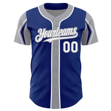 Загрузить изображение в средство просмотра галереи, Custom Royal White-Gray 3 Colors Arm Shapes Authentic Baseball Jersey