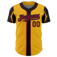 Load image into Gallery viewer, Custom Gold Crimson-Black 3 Colors Arm Shapes Authentic Baseball Jersey