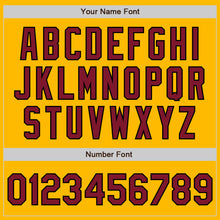 Load image into Gallery viewer, Custom Gold Crimson-Black 3 Colors Arm Shapes Authentic Baseball Jersey