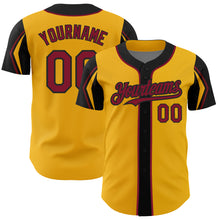 Load image into Gallery viewer, Custom Gold Crimson-Black 3 Colors Arm Shapes Authentic Baseball Jersey