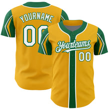Load image into Gallery viewer, Custom Gold White-Kelly Green 3 Colors Arm Shapes Authentic Baseball Jersey