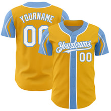 Load image into Gallery viewer, Custom Gold White-Light Blue 3 Colors Arm Shapes Authentic Baseball Jersey
