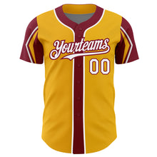 Load image into Gallery viewer, Custom Gold White-Crimson 3 Colors Arm Shapes Authentic Baseball Jersey