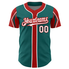 Загрузить изображение в средство просмотра галереи, Custom Teal White-Red 3 Colors Arm Shapes Authentic Baseball Jersey
