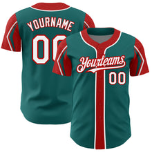 Загрузить изображение в средство просмотра галереи, Custom Teal White-Red 3 Colors Arm Shapes Authentic Baseball Jersey