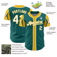 Load image into Gallery viewer, Custom Teal White-Yellow 3 Colors Arm Shapes Authentic Baseball Jersey