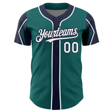 Load image into Gallery viewer, Custom Teal White-Navy 3 Colors Arm Shapes Authentic Baseball Jersey