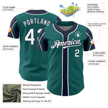 Load image into Gallery viewer, Custom Teal White-Navy 3 Colors Arm Shapes Authentic Baseball Jersey