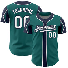 Load image into Gallery viewer, Custom Teal White-Navy 3 Colors Arm Shapes Authentic Baseball Jersey